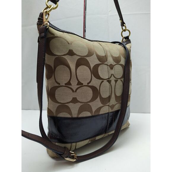 Coach Signature Brown Canvas Leather Trim Zipper Crossbody Shoulder Bag - Picture 3 of 14